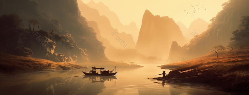 山水河流复古风意境自然景观中式风水墨画,插画/手绘图,插画/手绘图库,插画/手绘图下载,插画/手绘